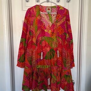 NEW FARM Rio Ombre Forest Cheetah Beaded Tassel Mini Dress Pink Orange Size XL